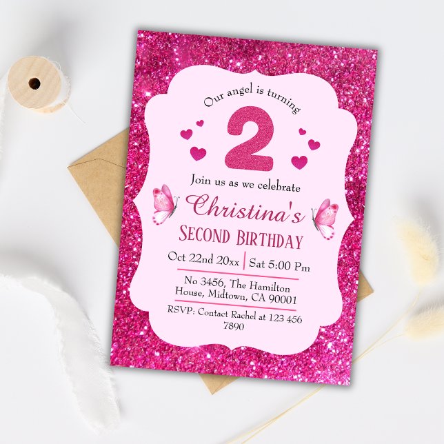 Pink glitter cute vibrant sparkling 2nd birthday invitation (Creator Uploaded)