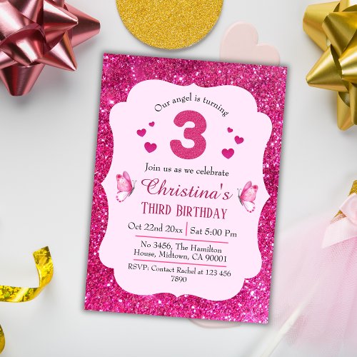 Pink glitter cute vibrant sparkling 3rd birthday invitation