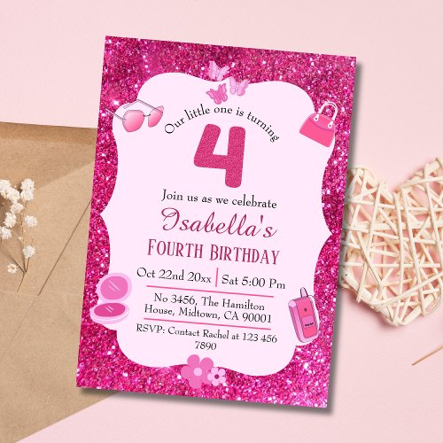 Pink glitter cute vibrant sparkling 4th birthday  invitation