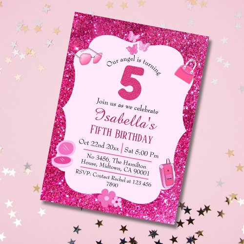 Pink glitter cute vibrant sparkling 5th birthday invitation