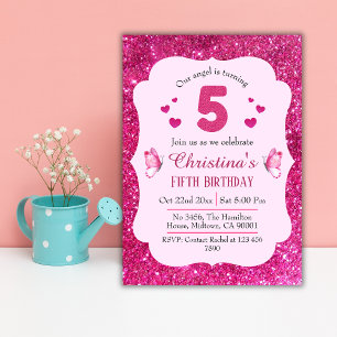 Pink glitter cute vibrant sparkling 5th birthday  invitation