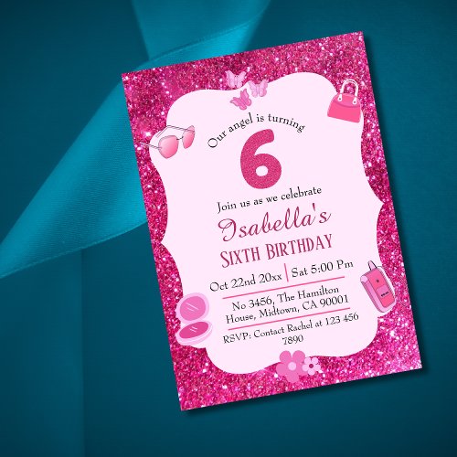 Pink glitter cute vibrant sparkling 6th birthday invitation