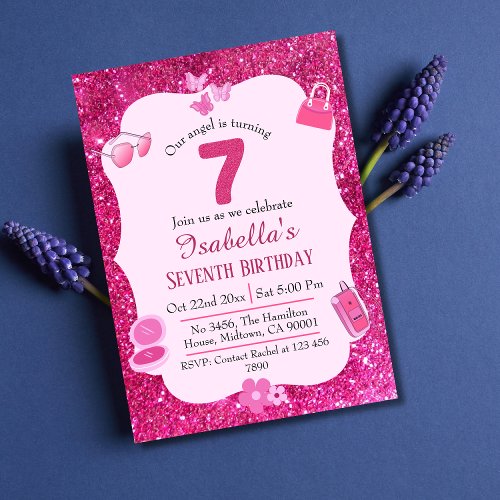 Pink glitter cute vibrant sparkling 7th birthday invitation