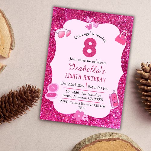 Pink glitter cute vibrant sparkling 8th birthday invitation