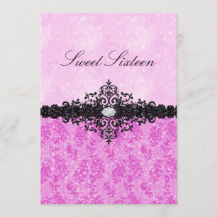 Pink Glitter Damask Sweet 16 Invitation