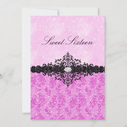 Pink Glitter Damask Sweet 16 Invitation