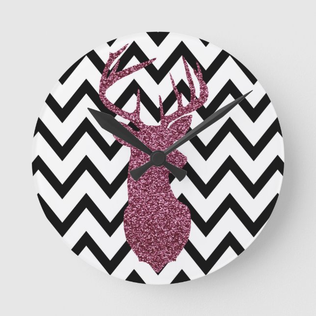 Pink Glitter Deer Chevron Round Clock (Front)
