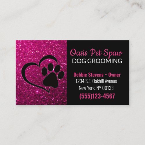 Pink Glitter Design Dog Pet Grooming Service Business Card