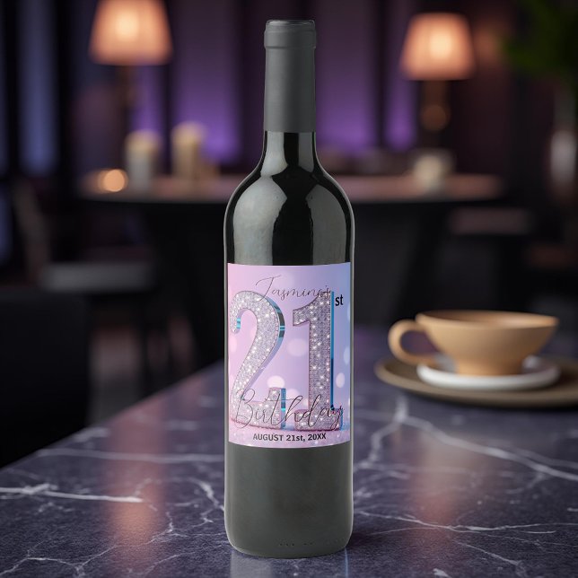Pink Glitter Diamond 21st Birthday Celebration Wine Label (Creator Uploaded)