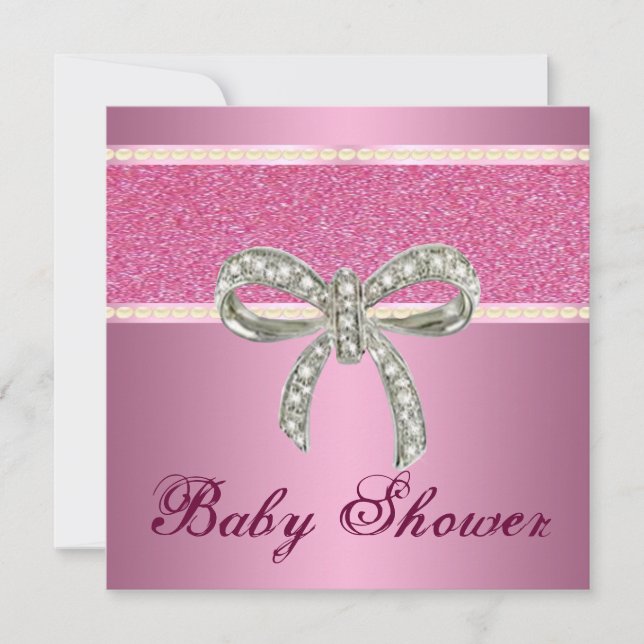 Pink Glitter Diamond Bow Baby Shower Invitation (Front)
