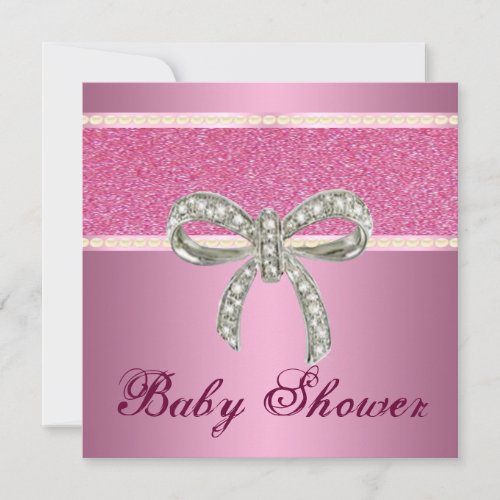 Pink Glitter Diamond Bow Baby Shower Invitation