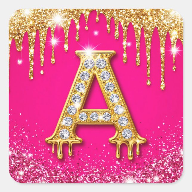 Pink Glitter Diamond Initial A Gold Frame Monogram Square Sticker (Front)
