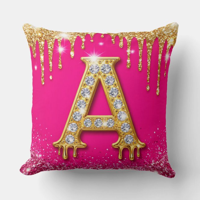 Pink Glitter Diamond Initial A Gold Frame Monogram Throw Pillow (Front)