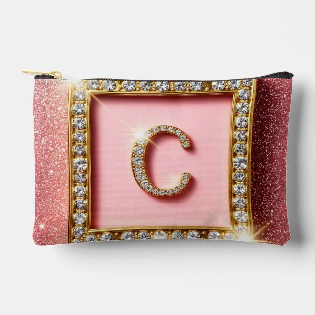 Pink Glitter Diamond Initial C Gold Frame Monogram Accessory Pouch (Front)