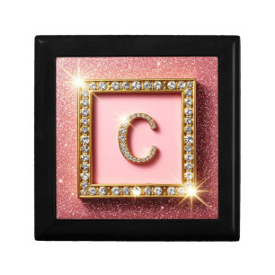 Pink Glitter Diamond Initial C Gold Frame Monogram Gift Box