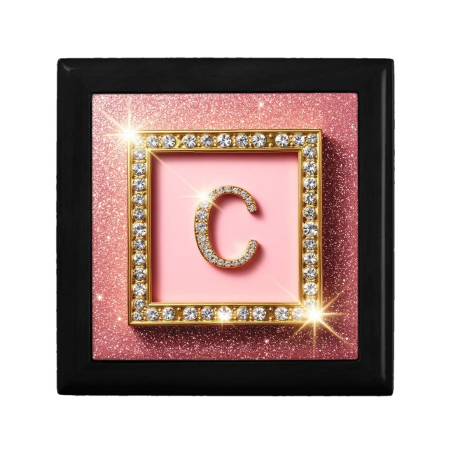 Pink Glitter Diamond Initial C Gold Frame Monogram Gift Box (Front)