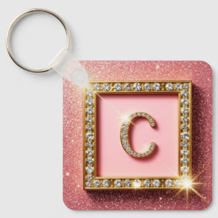 Pink Glitter Diamond Initial C Gold Frame Monogram Keychain