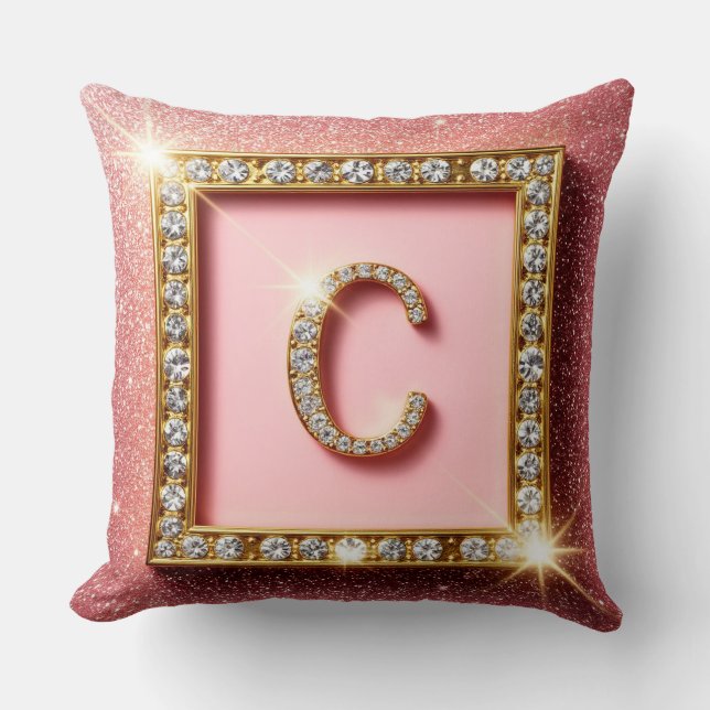 Pink Glitter Diamond Initial C Gold Frame Monogram Throw Pillow (Front)