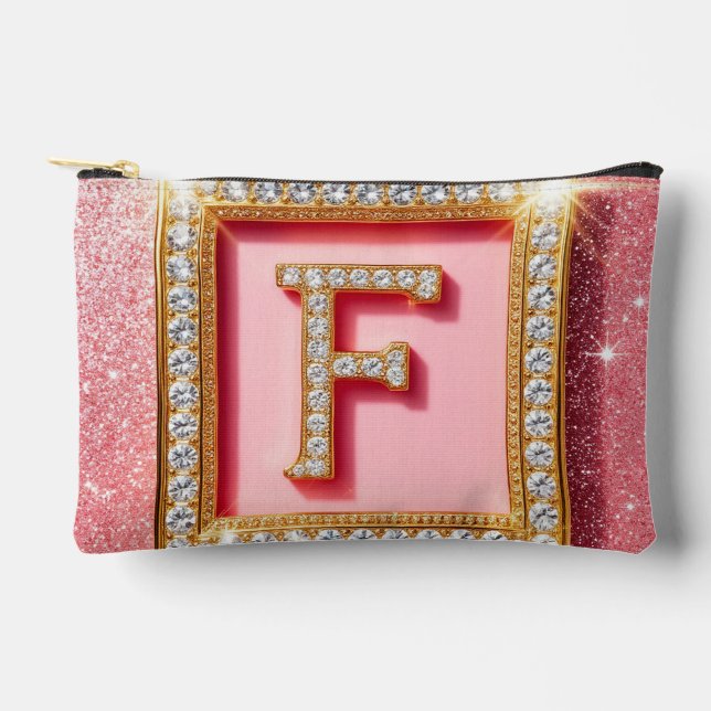 Pink Glitter Diamond Initial F Gold Frame Monogram Accessory Pouch (Front)