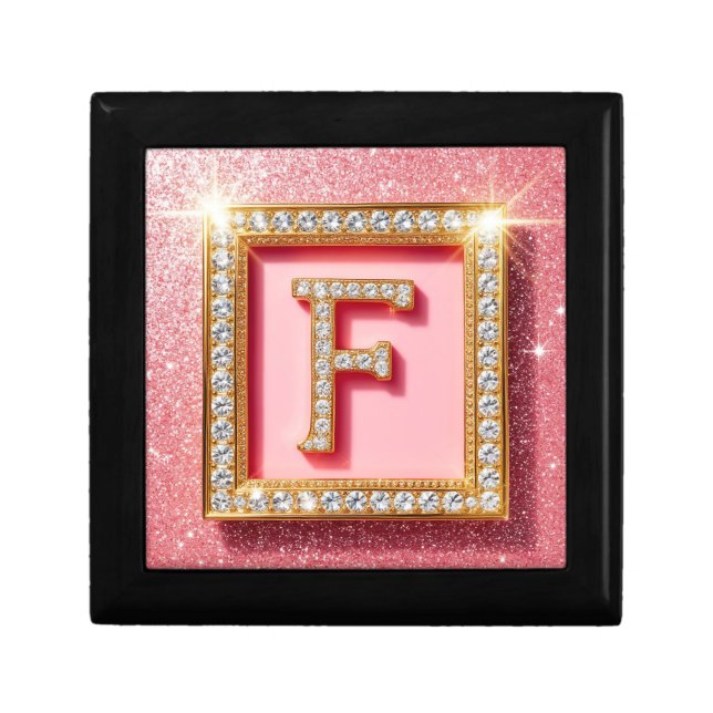 Pink Glitter Diamond Initial F Gold Frame Monogram Gift Box (Front)
