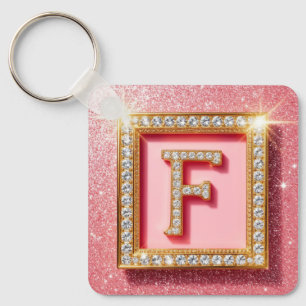 Pink Glitter Diamond Initial F Gold Frame Monogram Keychain