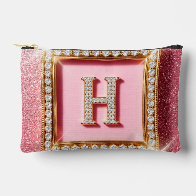 Pink Glitter Diamond Initial H Gold Frame Monogram Accessory Pouch (Front)