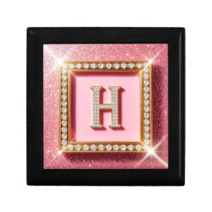 Pink Glitter Diamond Initial H Gold Frame Monogram Gift Box