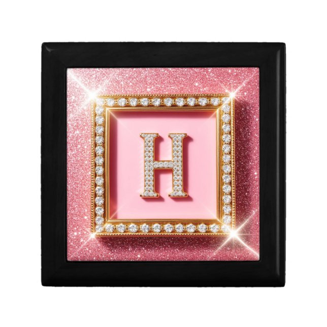 Pink Glitter Diamond Initial H Gold Frame Monogram Gift Box (Front)