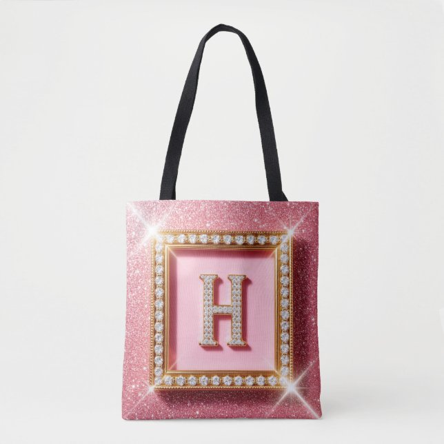 Pink Glitter Diamond Initial H Gold Frame Monogram Tote Bag (Front)