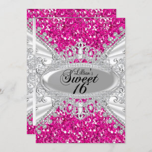 Pink Glitter & Diamond Tiara Sweet 16 Invite