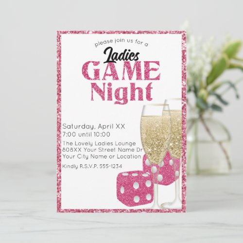 Pink Glitter Dice and Champagne Ladies Game Night Invitation