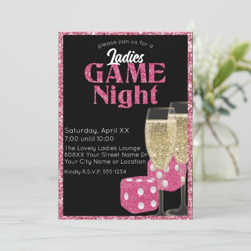 Pink Glitter Dice Ladies Game Night on Black Invitation