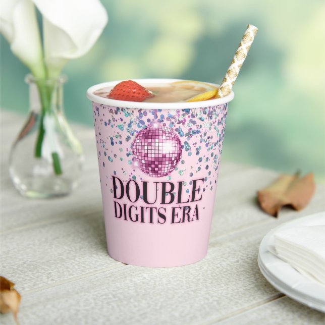 Pink Glitter Disco Double Digits Era Birthday Paper Cups (Insitu)