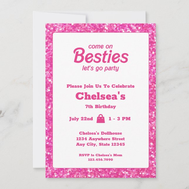 Pink Glitter Doll Themed Birthday Invitation (Front)