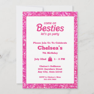Pink Glitter Doll Themed Birthday Invitation