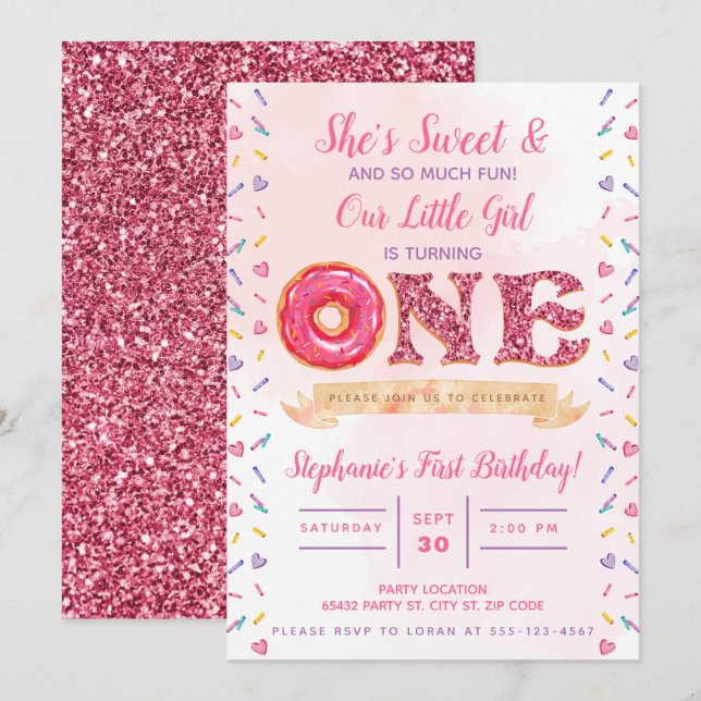 Pink, Glitter, Donut Birthday Invitation (Front/Back)