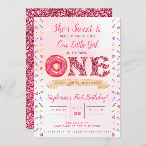 Pink Glitter Donut Birthday Invitation