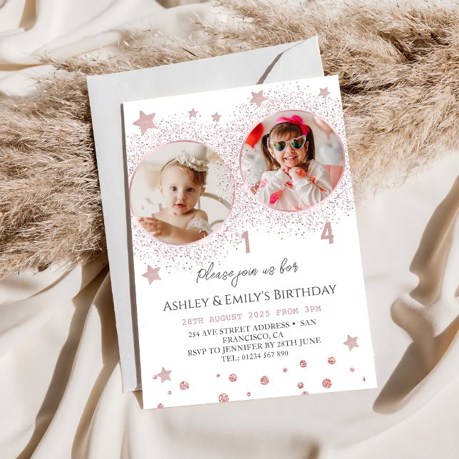 Pink Glitter Double Birthday Kids Photo Invitation (Creator Uploaded)