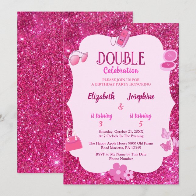 Pink Glitter Double Birthday Party For Girls  Invitation (Front/Back)
