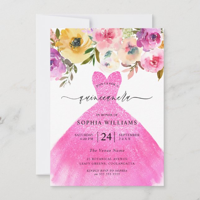 Pink Glitter Dress Colorful Flowers Quinceanera  Invitation (Front)