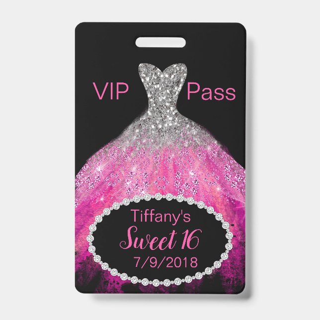 Pink Glitter Dress Sweet 16 VIP Party Badge (Front)