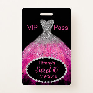Pink Glitter Dress Sweet 16 VIP Party Badge