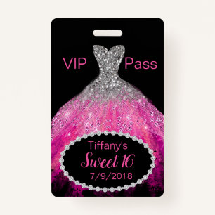 Pink Glitter Dress Sweet 16 VIP Party Badge