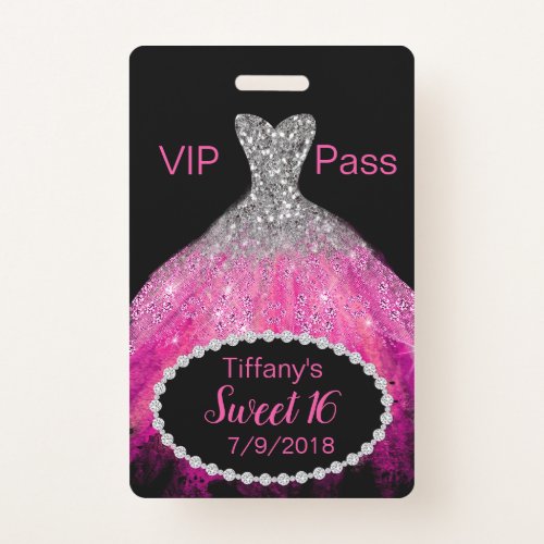 Pink Glitter Dress Sweet 16 VIP Party Badge