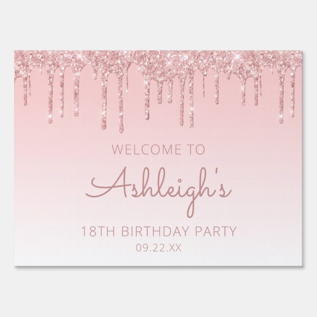 Pink Glitter Drip 18th Birthday Drive-By Party Sign (Front)