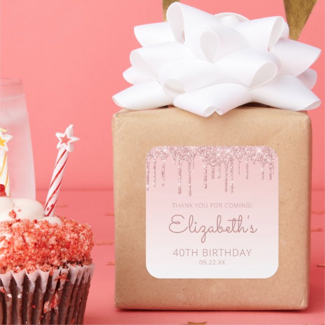 Pink Glitter Drip 40th Birthday Party Thank You Square Sticker (Party)