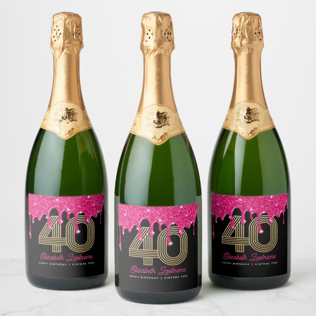 Pink Glitter Drip 40th Birthday Sparkling Wine Lab Sparkling Wine Label (Bottles)