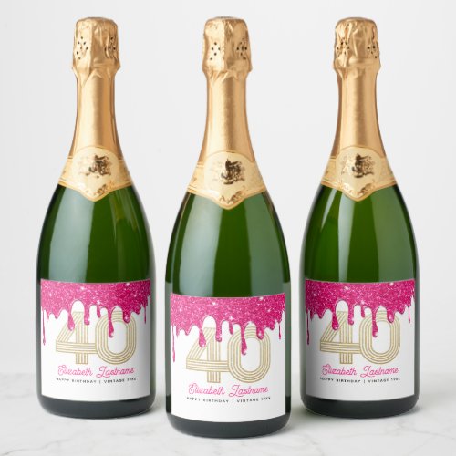 Pink Glitter Drip 40th Birthday Sparkling Wine Lab Sparkling Wine Label