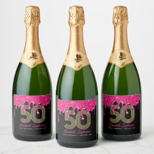 Pink Glitter Drip 50th Birthday Sparkling Wine Lab Label