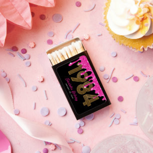 Pink Glitter Drip Black Gold 1984 40th Birthday Matchboxes
